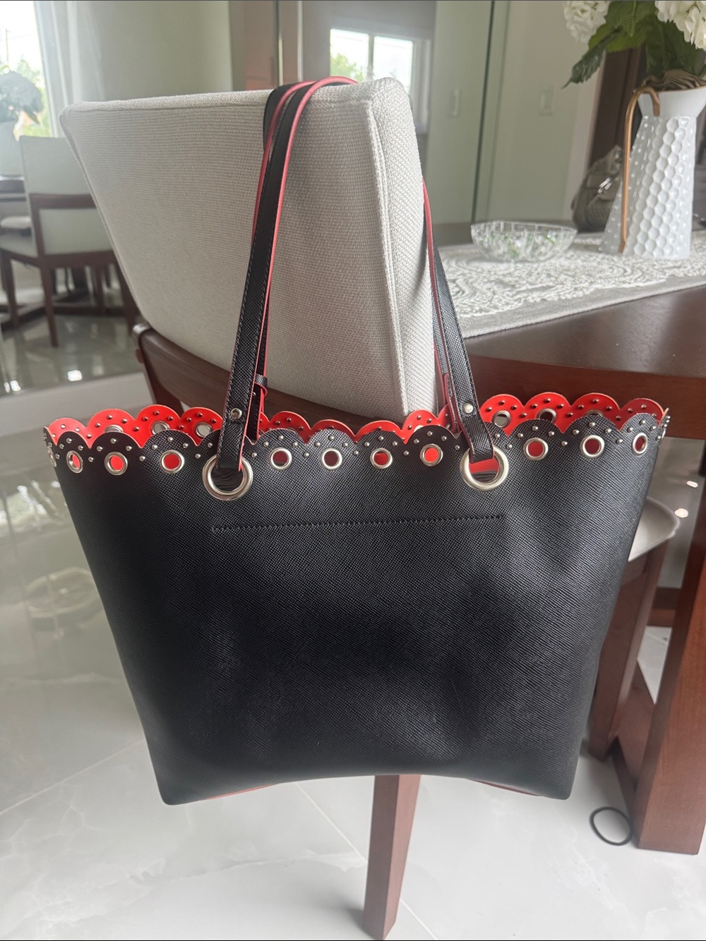NWOT Nine West Black Tote Bag with Red/Orange Trim and scalloped studded Detail - Picture 2 of 5